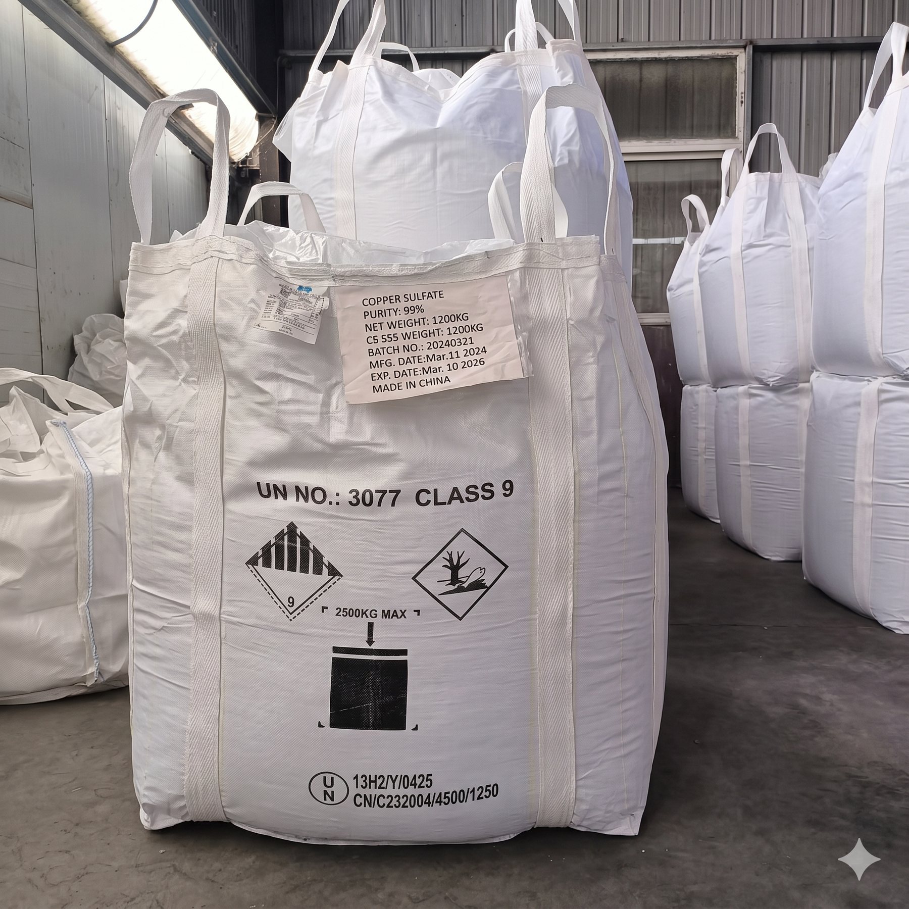 Copper sulfate packaged in bulk export bags