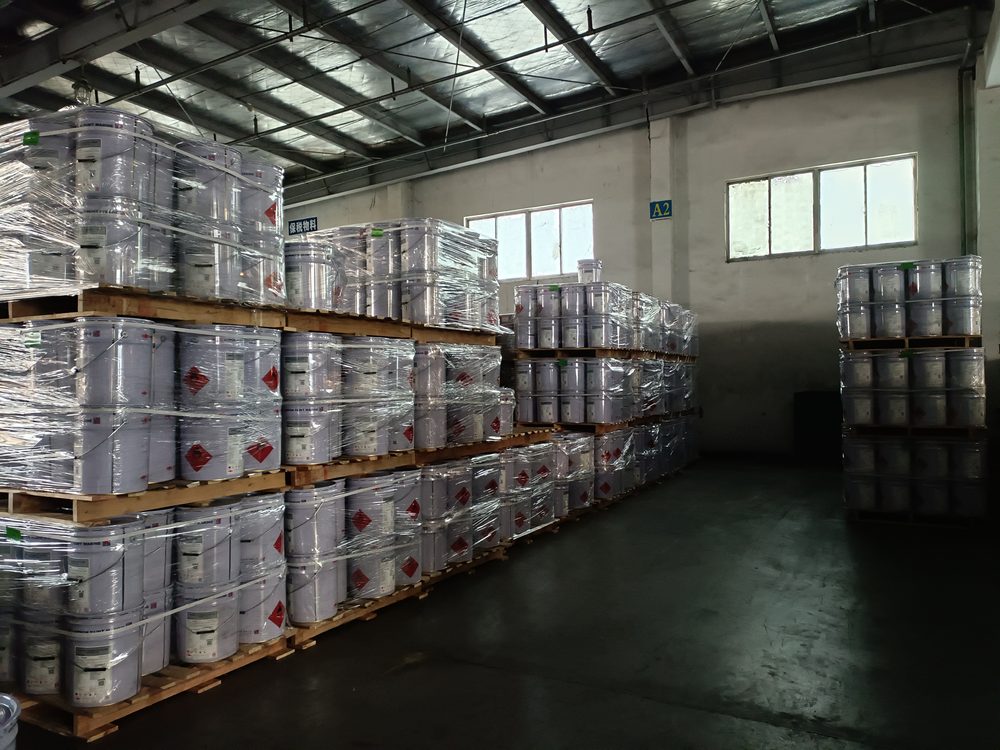 Palletized chemical goods staged for dispatch